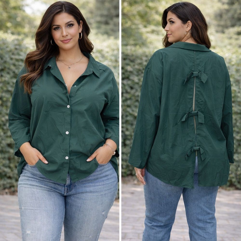 NWT SHEIN Solid Dark Green Button-Up Shirt Open Back Bow Detail Blouse Shirt 3XL